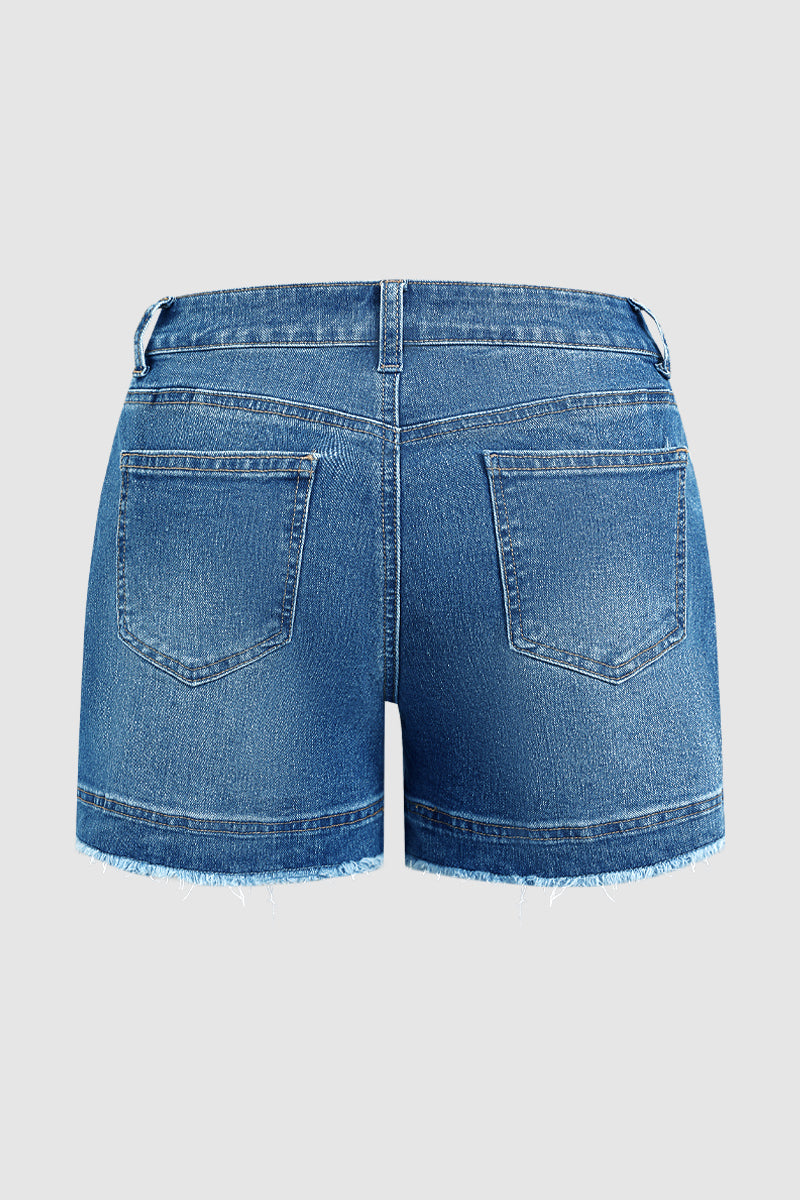 Wash Raw Hem Patch Pocket Mid Rise Denim Shorts