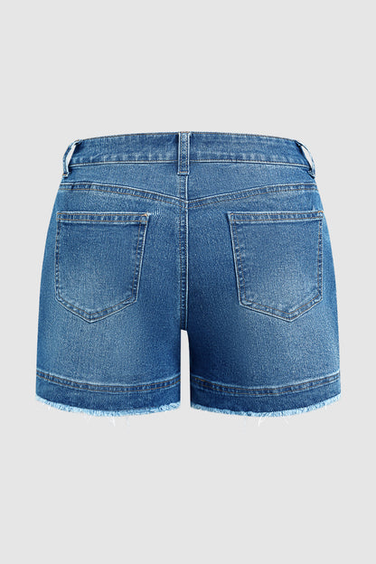 Wash Raw Hem Patch Pocket Mid Rise Denim Shorts