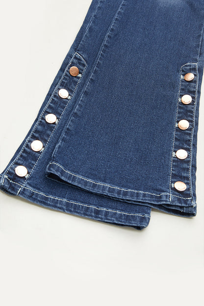 Wash Mid Waist Buttoned Hem Bootcut Jeans Without Belt