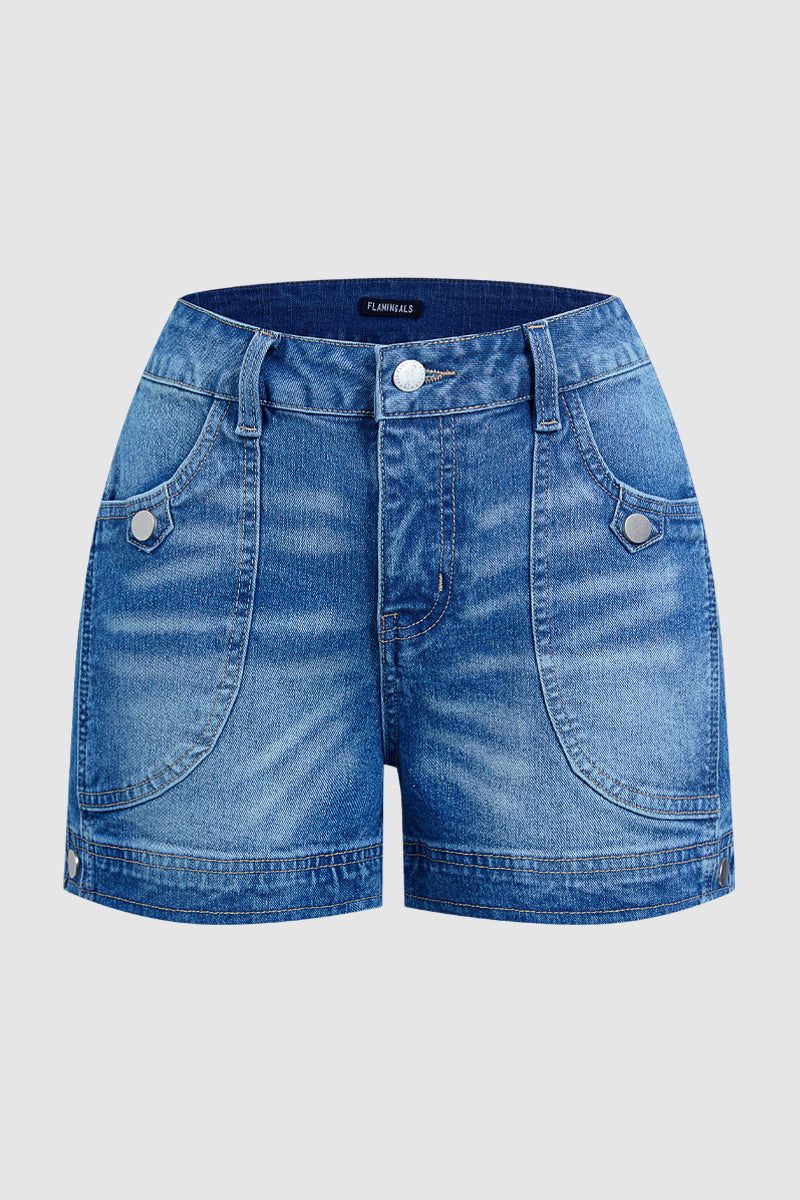 Button Tab Mid Waist Denim Mid Thigh Shorts