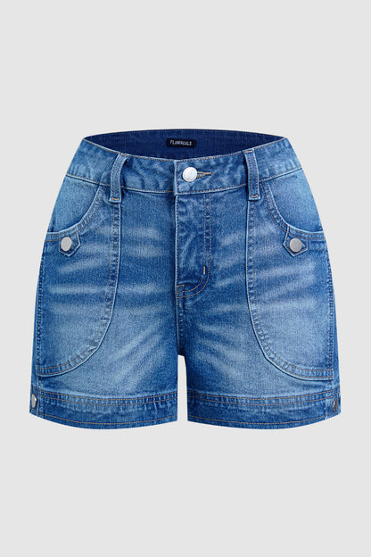 Button Tab Mid Waist Denim Mid Thigh Shorts