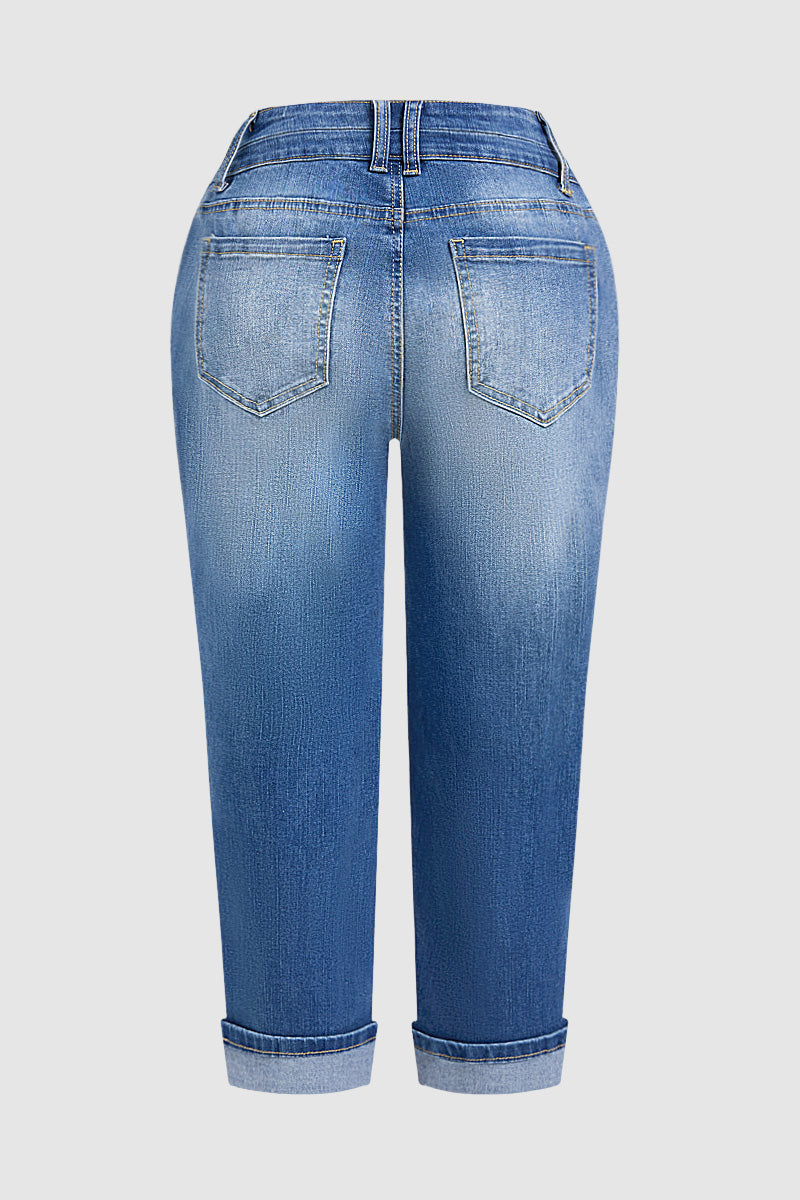 Roll Hem Dual Button High Waist Straight Leg Capri Jeans