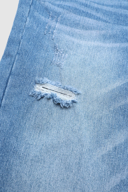 Wash Ripped Roll Hem Mid Waist Straight Leg Crop Jeans