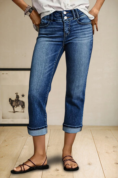 Roll Hem Dual Button High Waist Straight Leg Capri Jeans