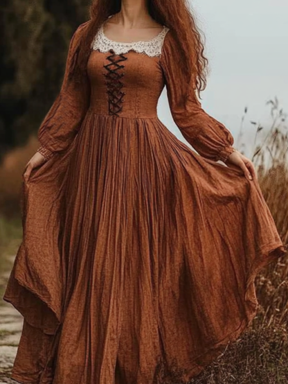 Robe longue en coton, manches longues, encolure carrée, coupe princesse, mélange de lin, orange
