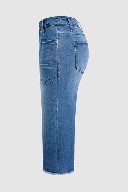 Wash Patch Pocket Raw Hem High Rise Straight Leg Capri Jeans