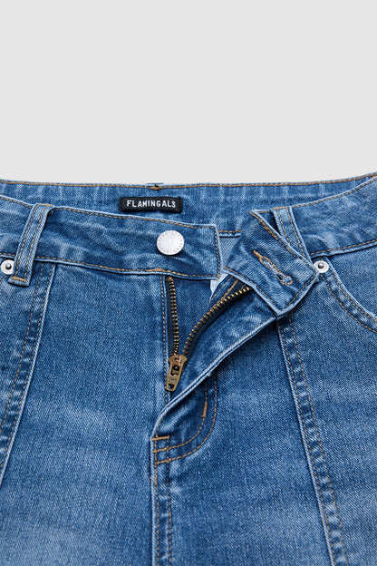 Wash Split Mid Waist Denim Mid Thigh Shorts Without Belt