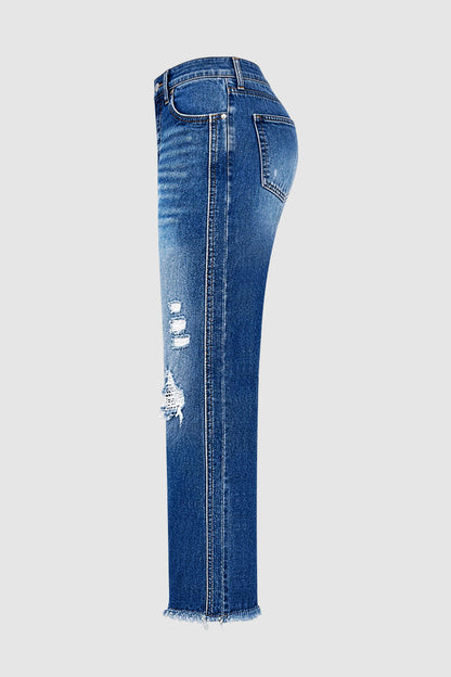 Wash Raw Hem Ripped Mid Waist Straight Leg Jeans