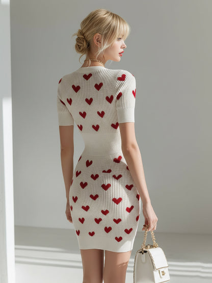 Chic Elegant Cream White Heart Jacquard Deep V-Neck Short-Sleeve Slim-Fit Ribbed Knit Bodycon Mini Dress