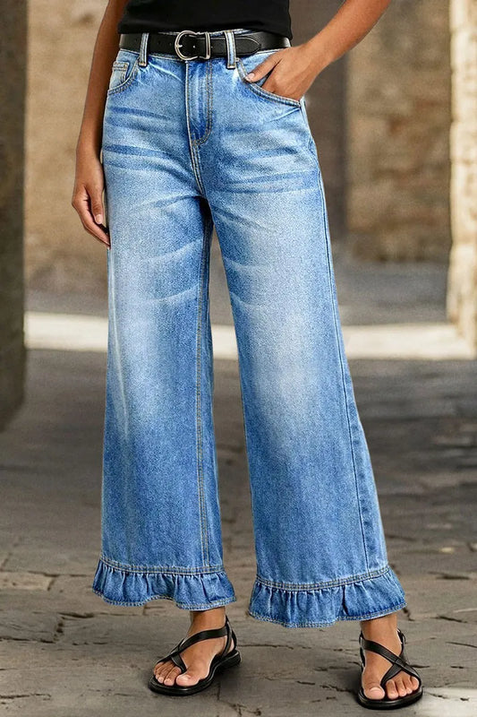 Wash Ruffle Hem High Waist Wide Leg Crop Jeans Without Belt