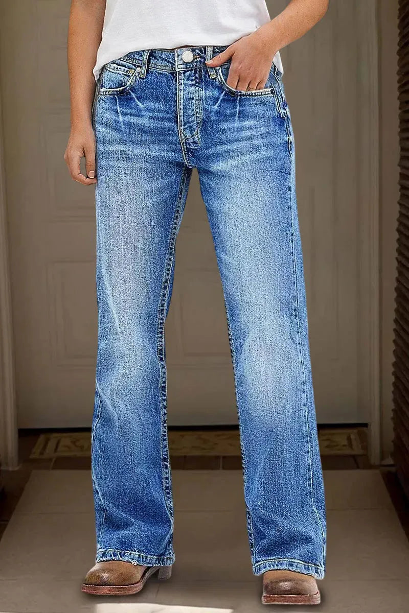 Wash Mid Rise Straight Leg Jeans
