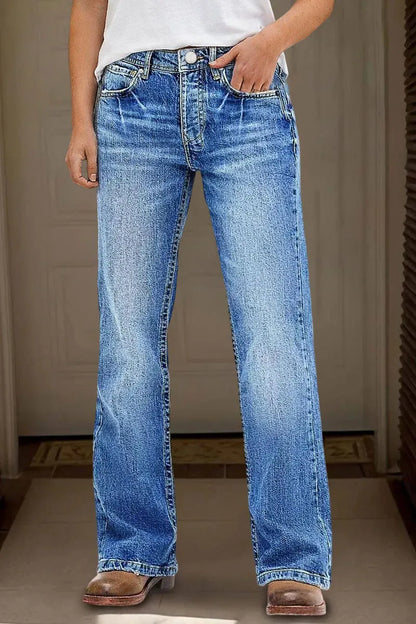 Wash Mid Rise Straight Leg Jeans