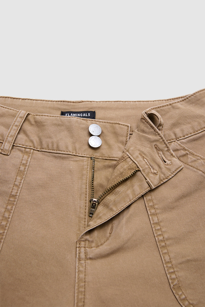 Solid Patched Pocket Mid Waist Wide Leg Pants