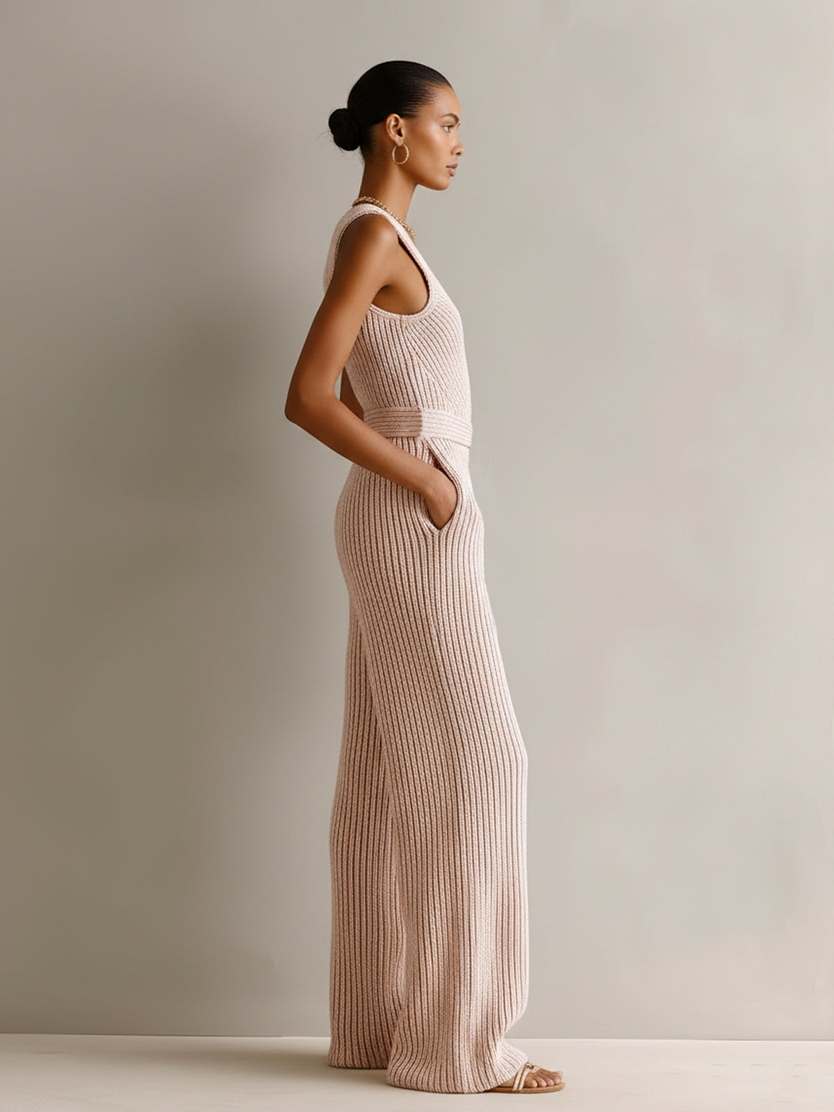 Chic Elegant Light Pink V-Neck Cross-Front Sleeveless Tailored-Waist Wide-Leg Ribbed Knit Jumpsuit