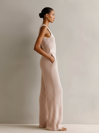 Chic Elegant Light Pink V-Neck Cross-Front Sleeveless Tailored-Waist Wide-Leg Ribbed Knit Jumpsuit