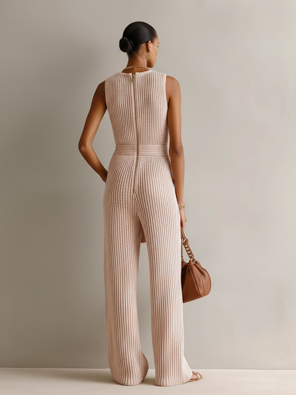 Chic Elegant Light Pink V-Neck Cross-Front Sleeveless Tailored-Waist Wide-Leg Ribbed Knit Jumpsuit