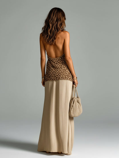 Chic Elegant Brown Leopard Jacquard Halter Sleeveless Loose-Fit Camisole A-Line Maxi Skirt Knit Two-Piece Set