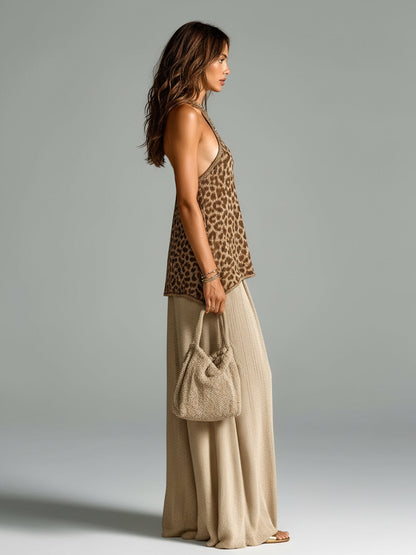 Chic Elegant Brown Leopard Jacquard Halter Sleeveless Loose-Fit Camisole A-Line Maxi Skirt Knit Two-Piece Set