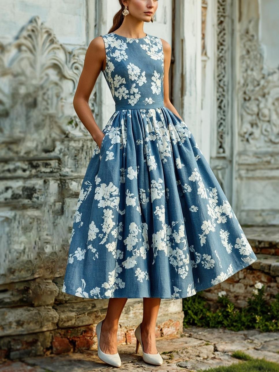 (TAILLE:TP-TTG) Robe Midi en Lin, Sans Manches, Mélange de Lin, Fleurie, Renaissance, Aqua