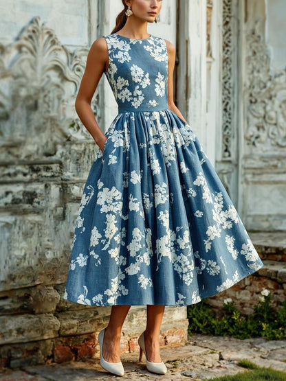 (TAILLE:TP-TTG) Robe Midi en Lin, Sans Manches, Mélange de Lin, Fleurie, Renaissance, Aqua
