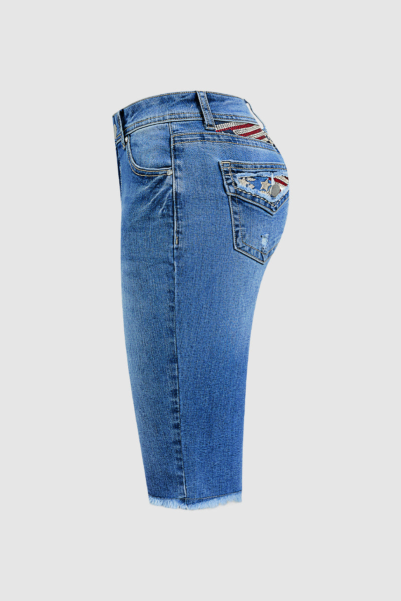 Star & Stripe Embroidery Raw Hem Ripped High Waist Denim Bermuda Shorts