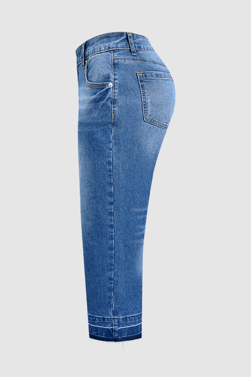 Wash Raw Hem Mid Waist Straight Leg Capri Jeans Without Belt
