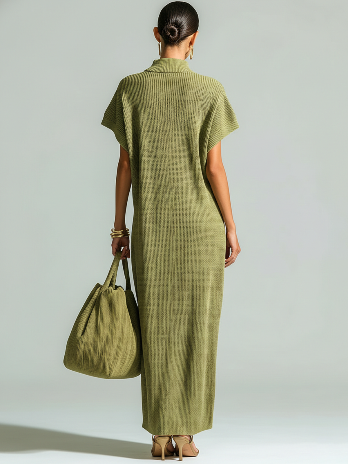 Stylish Elegant Olive Green Stand-Collar Zipper-Front Drop Shoulder Sleeveless Loose-Fit Ribbed Knit Maxi Dress