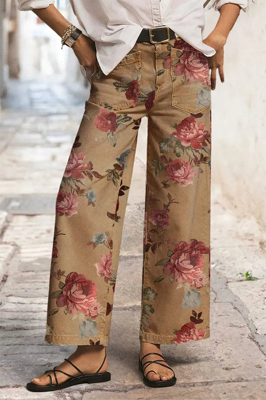 Floral Print Patch Pocket High Rise Straight Leg Pants Without Belt