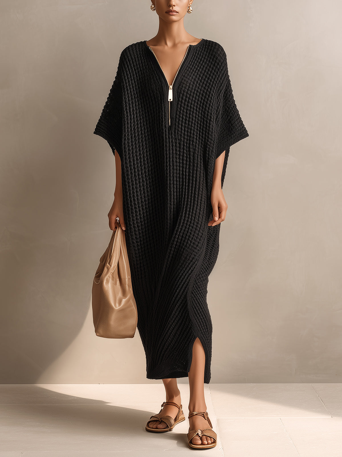 Chic Elegant Black Zipper-Up V-Neck Short-Sleeve Oversized Side-Slit Knit Maxi Dress