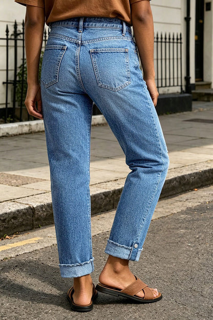 Wash Ripped Roll Hem Mid Rise Straight Leg Crop Jeans
