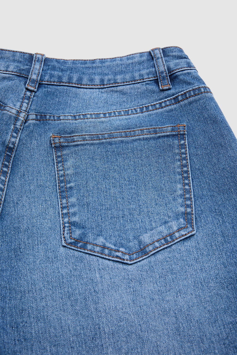 Wash Roll Hem Mid Waist Tapered Crop Jeans Without Belt