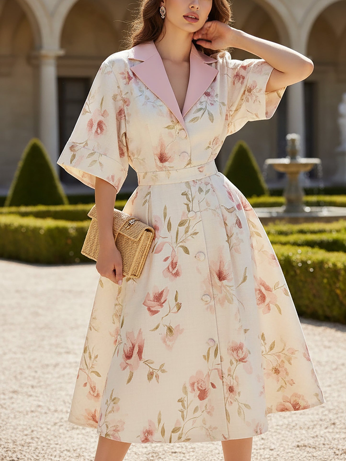 Robe mi-longue en lin, manches courtes, col châle, motif floral, boutonnée, vacances, vintage, blanche