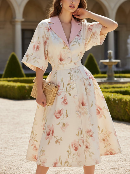 Robe mi-longue en lin, manches courtes, col châle, motif floral, boutonnée, vacances, vintage, blanche