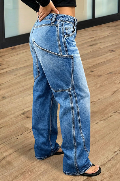 Stitch Detail Straight Leg Mid Waist Jeans Without Belt