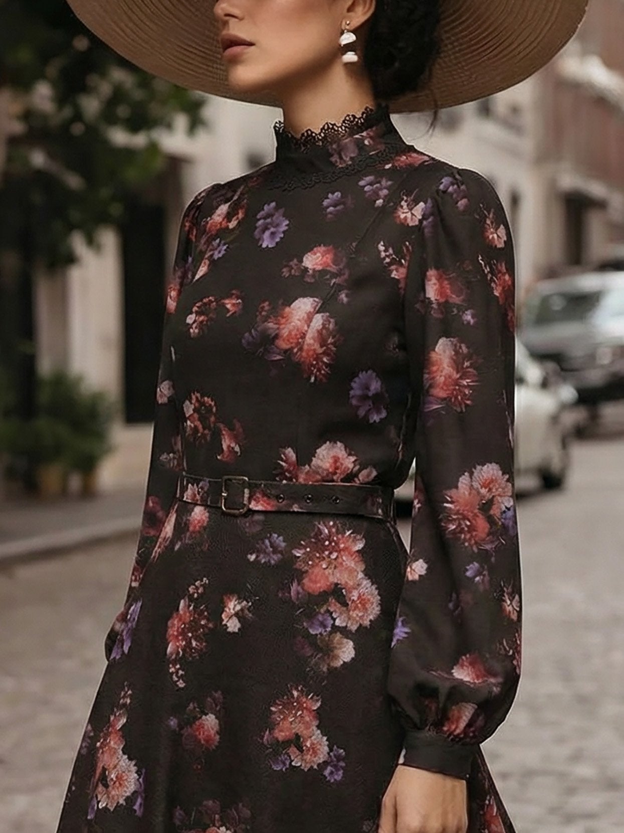 Chemisier en coton, manches longues, col montant, floral, dentelle, vintage, noir