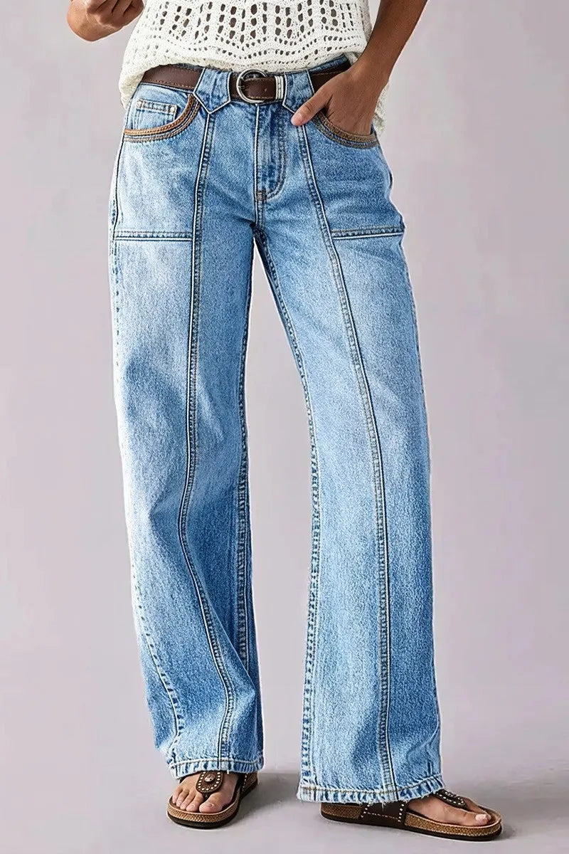 Stitch Detail Mid Waist Wide Leg Jeans Without Belt