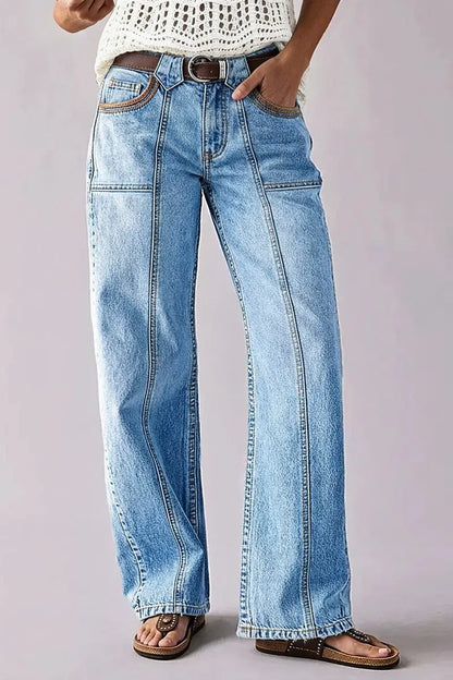 Stitch Detail Mid Waist Wide Leg Jeans Without Belt