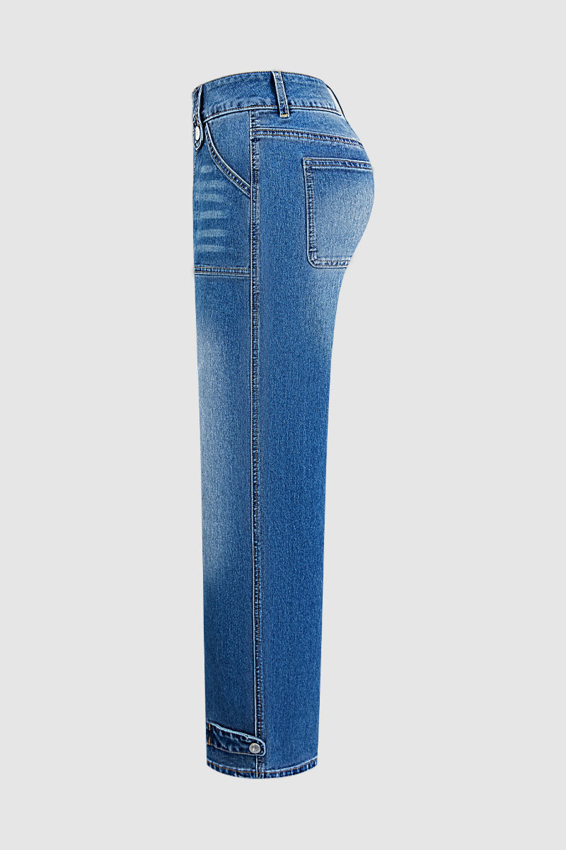 Stitch Detail Button Tab Wide Leg Mid Waist Jeans