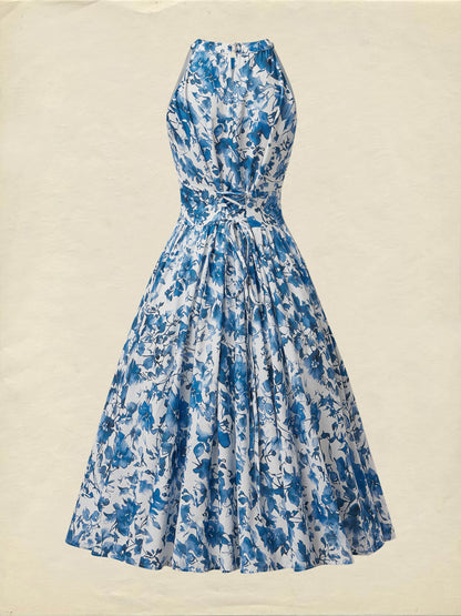 Robe Midi en Lin, Sans Manches, Col Rond, Imprimé Floral, Vacances, Style Vintage, Bleue