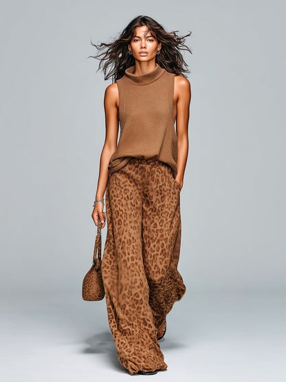 Chic Casual Brown Leopard Jacquard Mock Neck Sleeveless Loose-Fit Vest Wide-Leg Pants Knit Two-Piece Set