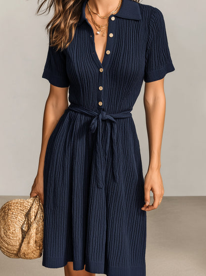 Chic Vintage Navy Blue Lapel Collar Button-Front Short-Sleeve Tie-Waist Ribbed Knit A-Line Mini Dress