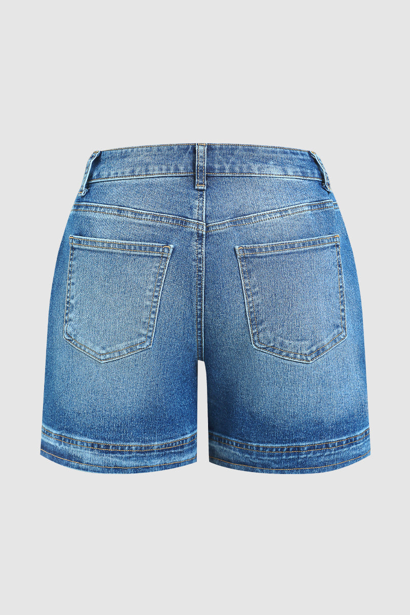 Wash Studded Hem Patch Pocket Mid Rise Mid Thigh Denim Shorts
