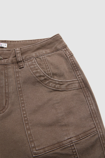 Flap Pocket Stitch Detail Mid Waist Flared Pants Without Belt