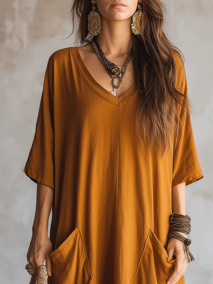 Robe longue bohème oversize moutarde à poches