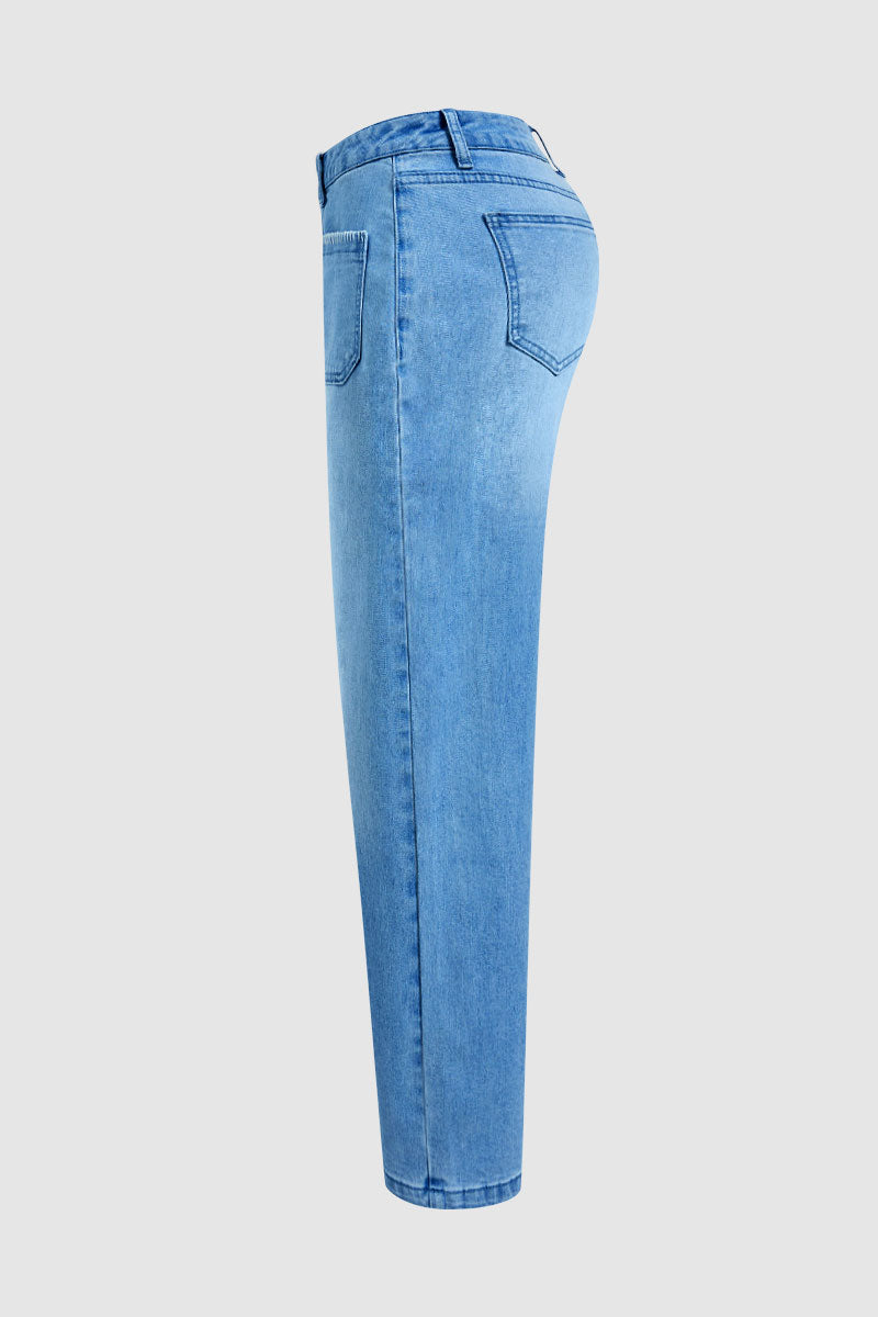 Wash Contrast Stitch Patch Pocket Mid Rise Barrel Leg Crop Jeans Without Belt