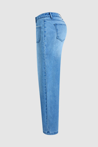 Wash Contrast Stitch Patch Pocket Mid Rise Barrel Leg Crop Jeans Without Belt