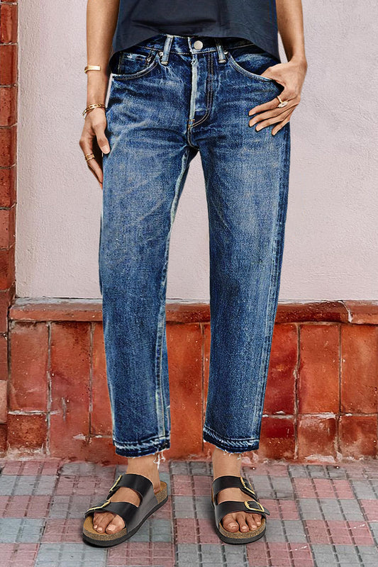Wash Raw Hem Mid Rise Straight Leg Crop Jeans