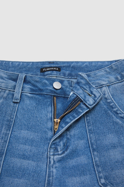 Wash Pocket Side Mid Waist Barrel Leg Capri Jeans Without Belt