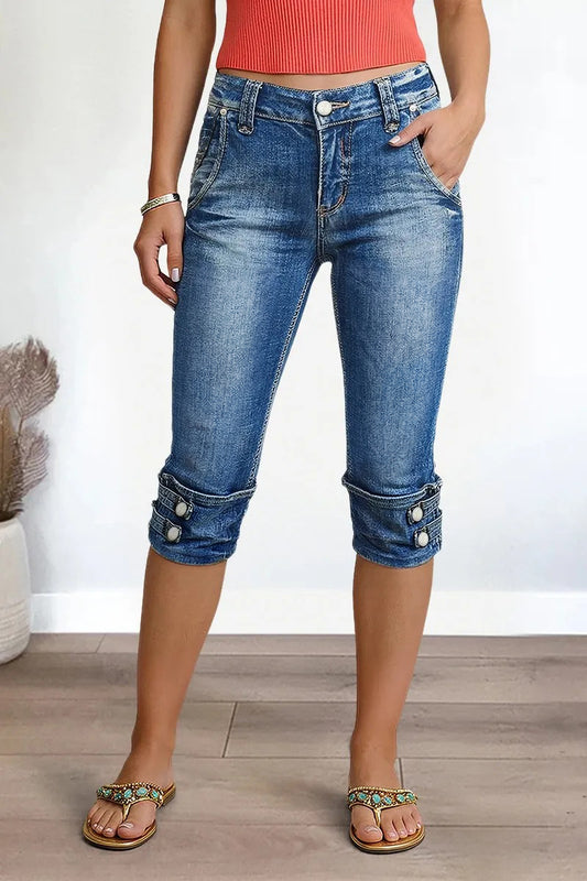 Button Tab Roll Hem Mid Waist Skinny Capri Jeans