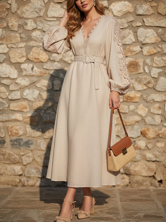 Robe Midi en Lin, Manches Longues, Unie, Dentelle, Style Vintage Français, Abricot